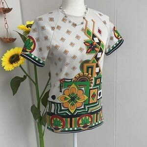 Vintage 60s 70s Red, Green, & Orange Geometric Floral Design Pullover Top